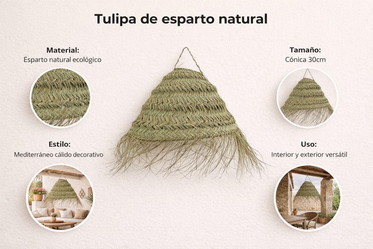 HERSIG - Tulipa Lampara Techo - Lampara de Techo de Esparto - Tulipas Lamparas - Lámpara Colgante Artesanal Estilo Rústico, Ideal para Decoración Boho en Salón, Comedor o Dormitorio - 30cm