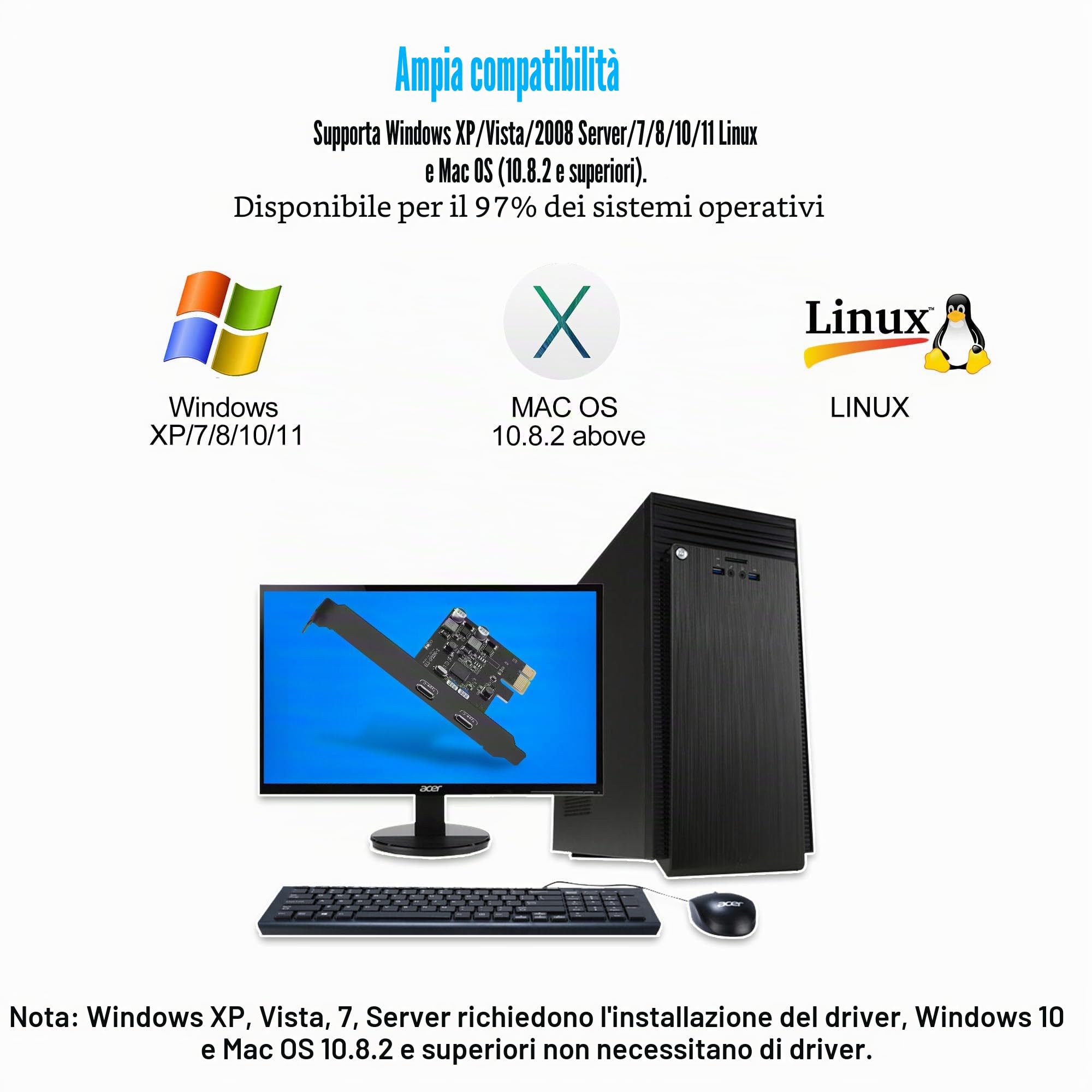 Scheda USB C PCIe a 2 porte (Power Delivery), USB 3.0 Scheda 5 Gpbs Ricarica Rapida 20 W per PC Desktop