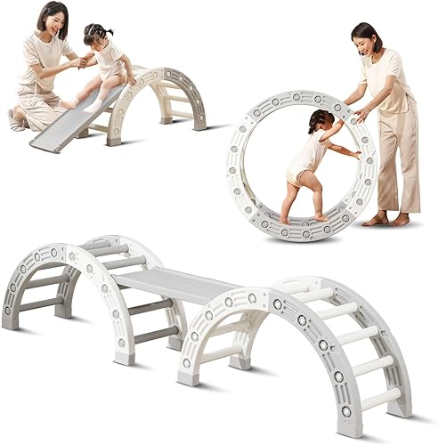 UNICOO Juego de escalada 4 en 1 para niños, escalador de doble arco, rampa de escalada de doble cara, hamaca mecedora, juguetes de escalada para