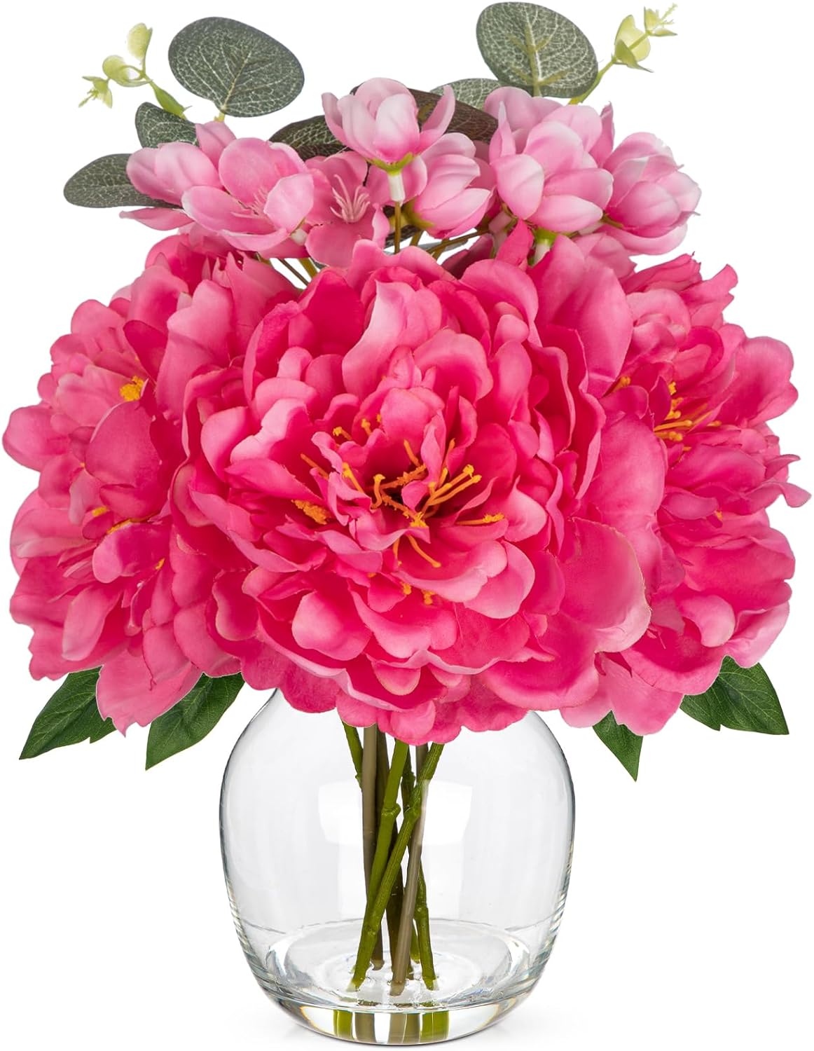 Hollyone Fake Flowers in Vase Pink Peonies Artificial Flowers Peony Bouquet Silk Flower Arrangements with Glass Vase with Faux Water for Home Decor Bathroom Coffee Table Centerpiece Shelf Decorations