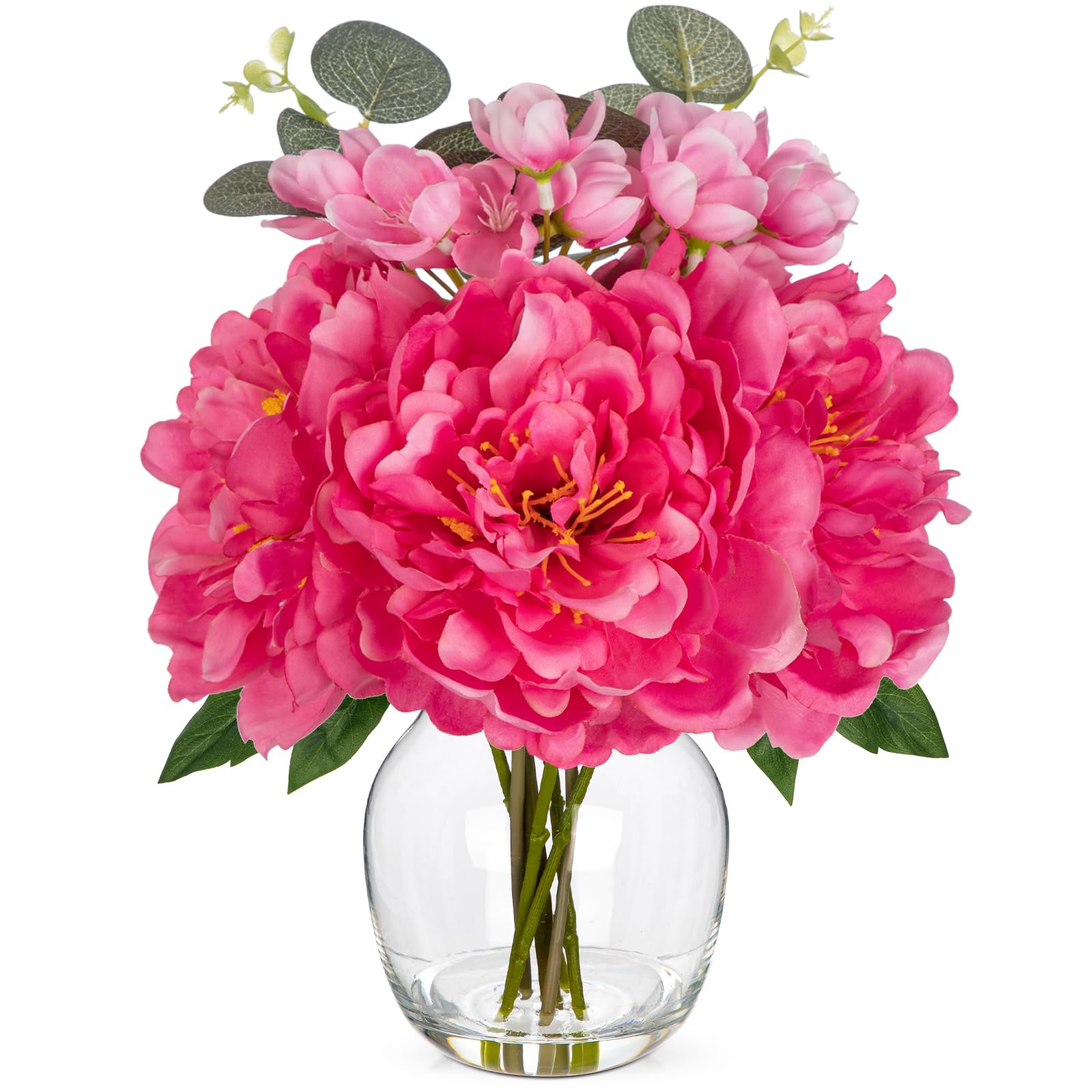 Oairse Artificial Peony Flowers in Glass Vase with Faux Water, Realistic Silk Flower Arrangement with Vase, Pink Peonies Flower Table Centrepiece for Living Room Bedroom Office Home Decorations
