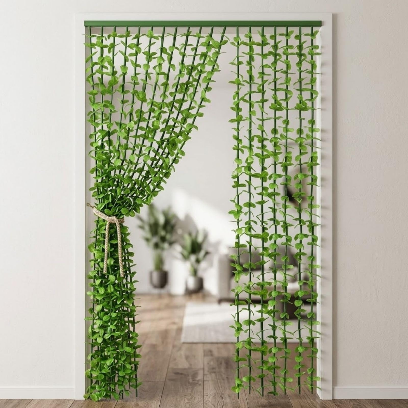 Perlenvorhang Bambus-Optik mit Grünen Blättern - Dekovorhang Türöffnung 60-140cm Raumteiler für Wohnzimmer, Schlafzimmer, Hochzeit Deko