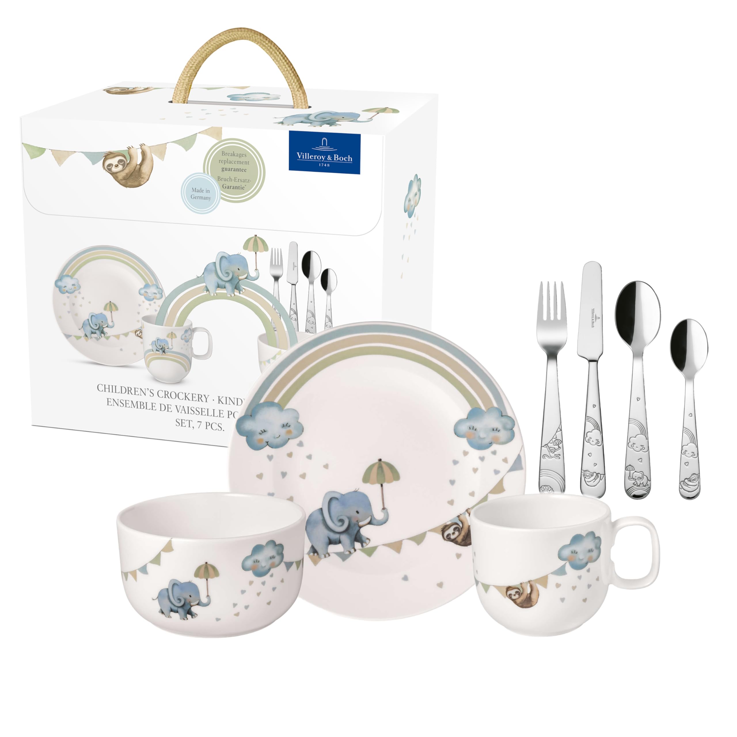 Villeroy & Boch - Walk like an Elephant Set de Vajilla Infantil 7 Piezas Azul, Apto para Lavavajillas, Apto para Microondas, Cubiertos Infantiles, Cubiertos para Niños, Plato, Porcelana Premium