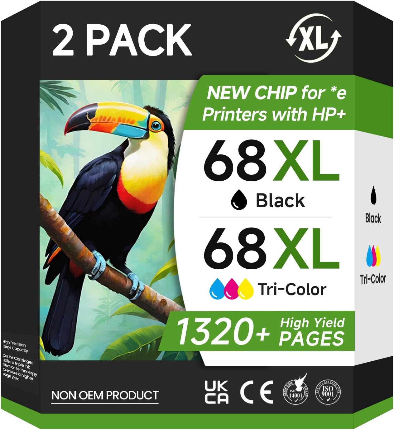 68XL 68 Ink Cartridges Black/Color Combo Pack Compatible for HP68 68 XL 68 Ink Cartridges for HP Printers Replacement for HP Ink 68 68e for Envy 6155e 6100e 6152e 6500e 6552e 6555e 6558e