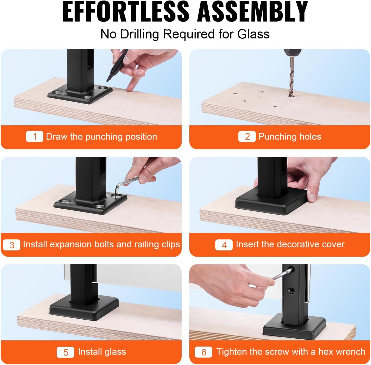 VEVOR Square Glass Railing Bracket - 4 PCS, 304 Stainless Steel, 5/16"-1/2" (8-12mm) Glass Clamp for Balcony, Garden, Deck, Stair