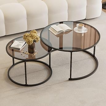 Zeusom Round Coffee Table, Glass Coffee Table, Nest Black Metal Frame, Tempered Glass Tabletop, Home Use, Simple Modern, Stackable Storage, Rounded Edge, For Side Office Use 23.6 + 17.7 inches 60