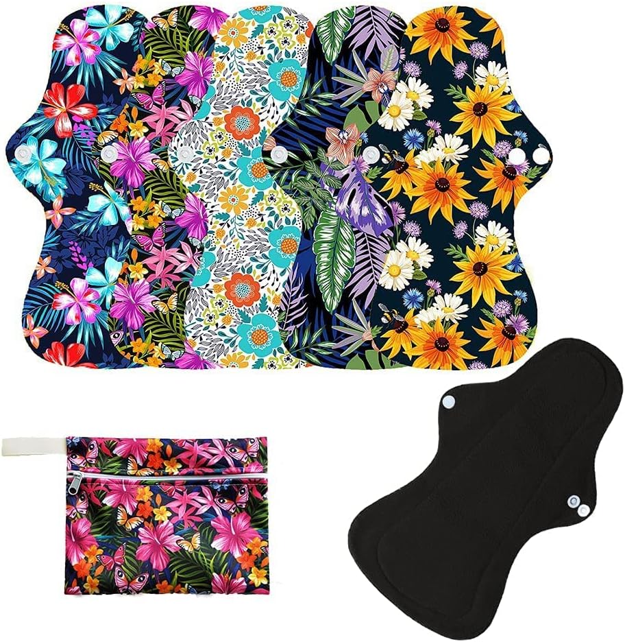 Reusable Cloth Menstrual Pads Set | 6 Pieces Including 5 Regular Flow Pads and 1 Mini Wet Bag | Washable Waterproof Sanitary Napkins for Women (Set 3, Bamboo Charcoal)