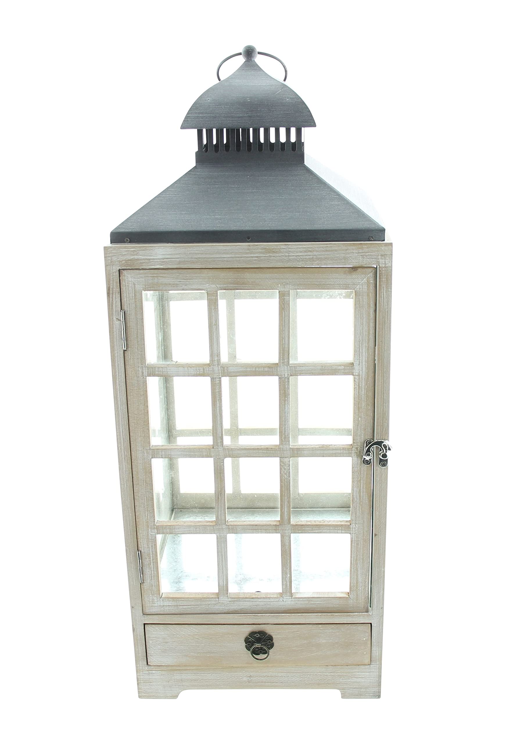 FRANK FLECHTWAREN Große Laterne "Landhaus", gekalktes Holz, Metall, Glas, Schublade, Maße: 25 x 25 x 63 cm, Ästhetisches Design, Nostalgisch-Modern