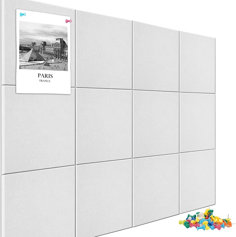 Tablón de anuncios de fieltro grande de 48" x 36" y alternativa a tablero de corcho, blanco cálido | Paquete de 12 azulejos de pared de fieltro extraíbles con 30 chinchetas, 60 pestañas adhesivas seguras, tableros de alfileres para decoración de pared, hogar, oficina, aula