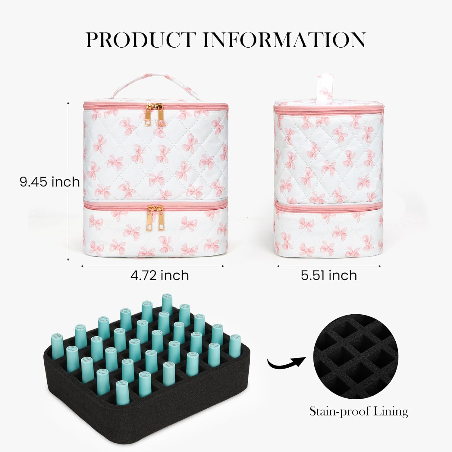 hibear Nail Supplies Organizer Nail Polish Storage Holds 30 BottlesNail Polish Storage Holds 30 Bottles Nail Kit Case Makeup Bag Vanity Case for Women (BOW PINK)