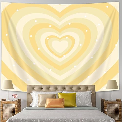 Miniatura 4 de Drgilau Bonito tapiz estético amarillo para dormitorio de niña, tapiz de pared hippie con forma de corazón amarillo de los años 2000, tapiz