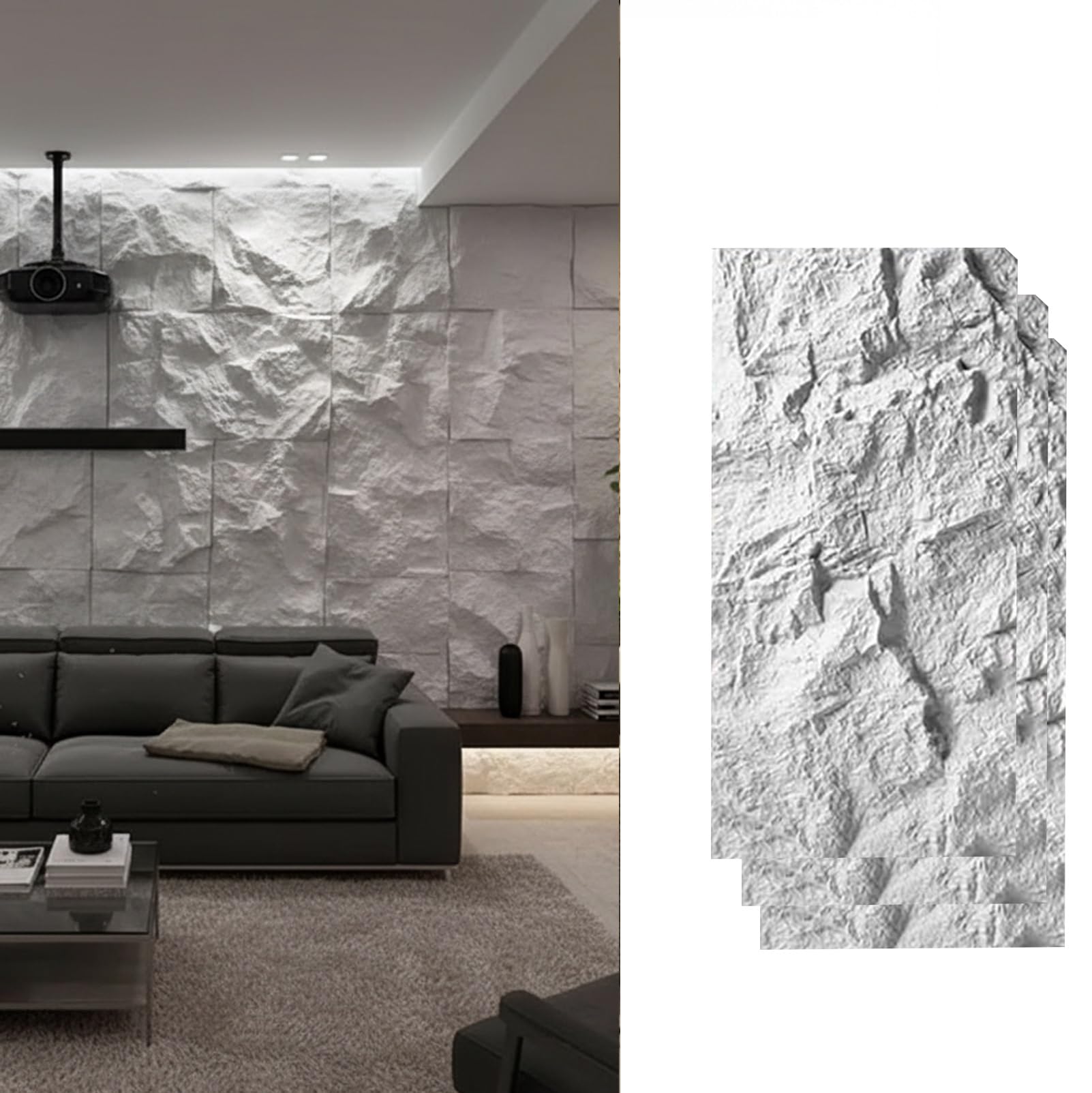 Paneles Decorativos de Pared 3D Efecto Piedra, Revestimiento de Piedra Artificial PU Impermeable, Panel Decorativo para Interior y Exterior, Instalación Fácil DIY(Blanco,3 piezas)
