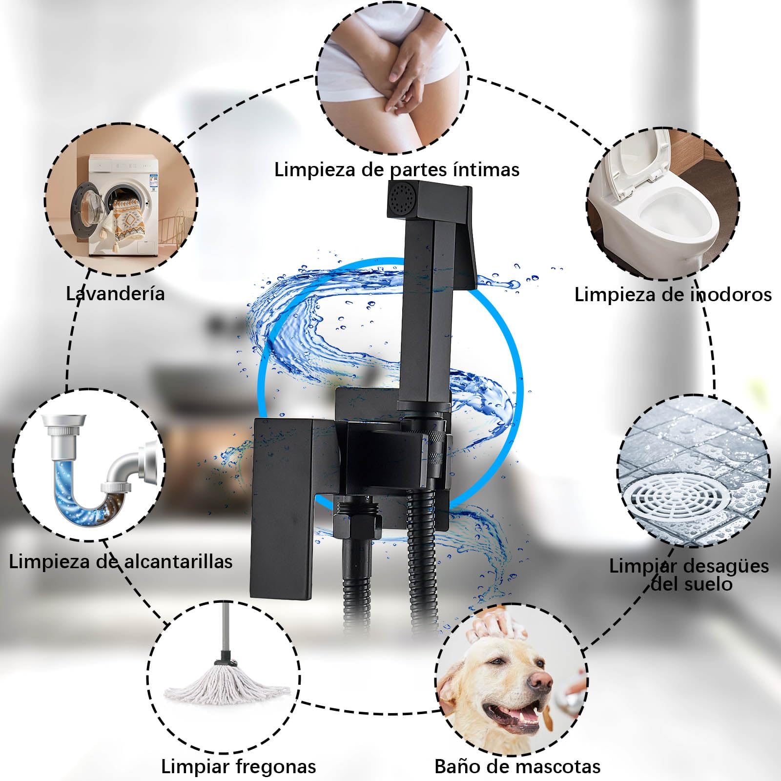 Pulverizador de Bidé para Inodoro, Portatil para Kit Ducha de Lavabo Bidet con Manguera WC,Multifunción Pulverizador,Monomando Agua Fría y Caliente,Negro