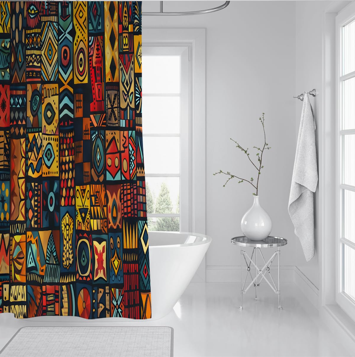 Aztec Geometric Duschvorhang wasserdichte Polyester-Badevorhänge Vintage-Ethnic Totem-Muster Design Maschinenwaschbarer, schnell trocknender Stoff 150 x 200 cm