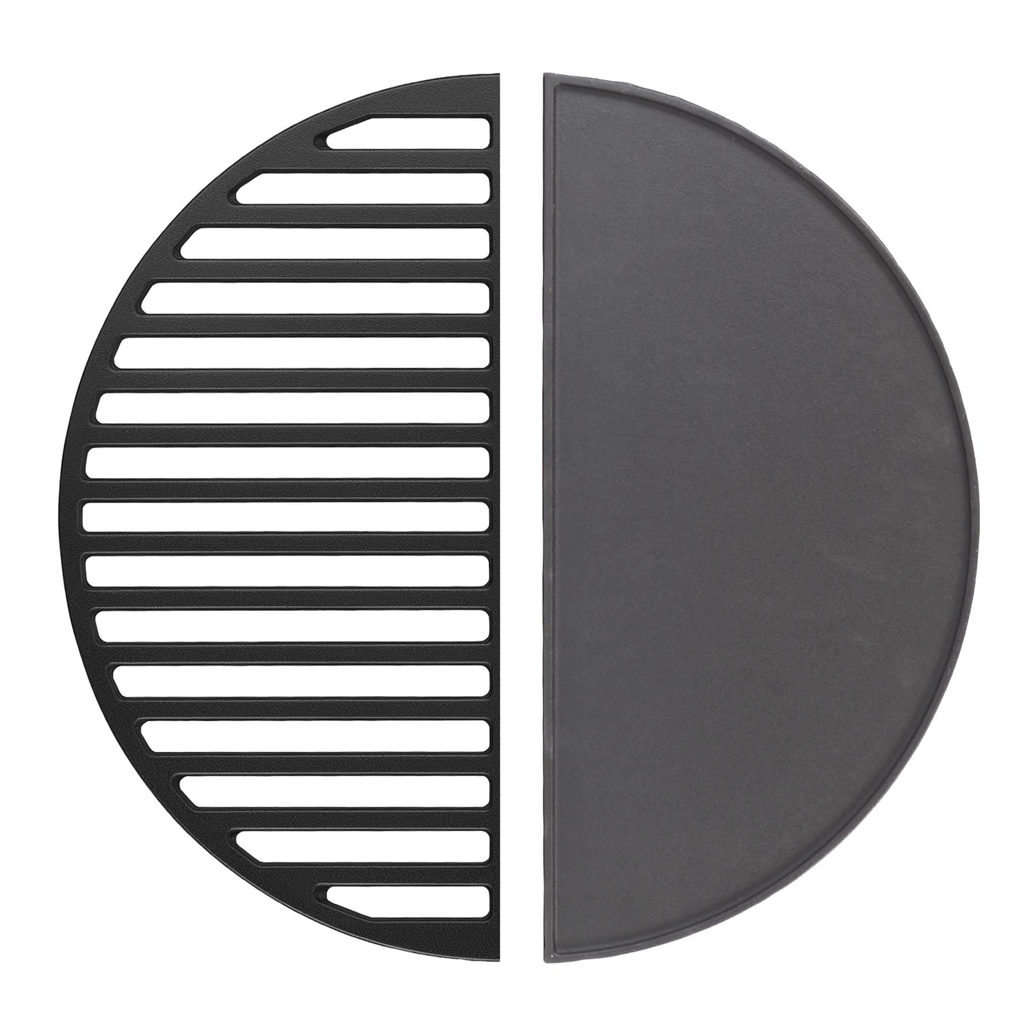 Wiltec Set 1x parrilla y 1x plancha semicirculares de hierro fundido 55 x 26,5 x 0,9 cm para barbacoa, barbecue, BBQ, para carnes, pescados y verduras, fácil de limpiar