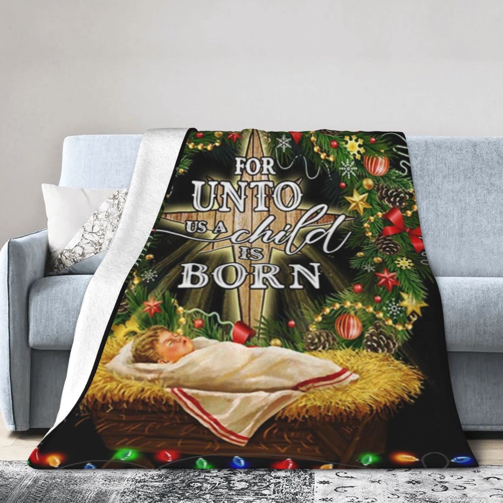 Lsjuee Christmas Flannel Fleece Blanket 80"X60" Jesus is Born. for Unto Us A Child is Born Sofa Throw Blanket Quality Ultra-Soft Travel Winter Blankets for Girls Keep Warm