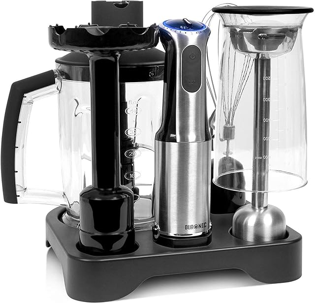 Duronic Hand Blender HB8010 | Immersion Stick Blender | 5 Speed | Turbo Function | 800W | Stainless-Steel | Cooking Wand with Four Attachments: Whisk, Chop, Mash & Blend | 2 Jugs | Plus Storage Stand