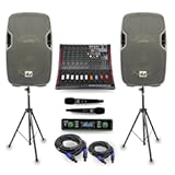 MUSYSIC Portable PA System with 2000W Amp & Wireless UHF Microphone System. 6 Ch Audio Mixer with Multiple Inputs. pa system with wireless microphone and speakers, Complete w/Stands - 10" Speaker 800W