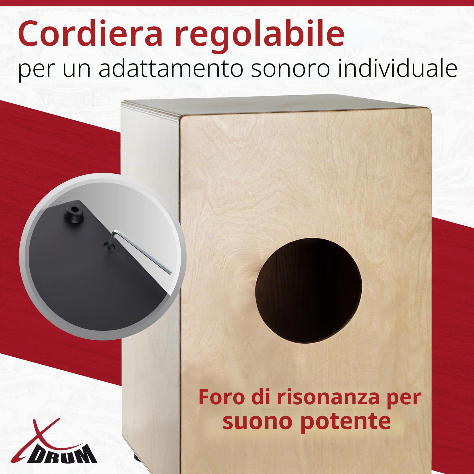 XDrum Cajon Peruana Koa, Piastra da battuta da 3 mm in koa, 5 cm, 2 kg | Suoni di basso e rullante molto differenziati e presenti, Corpo in betulla da 9 mm (7 strati), Clap corners regolabili, 5 cm