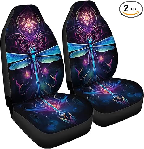 Car Seat Front Cover, 2pcs Blue Dragonfly Purple Boho Floral Pattern Thick Durable Universal Seat Covers for Car Truck Car Accessories