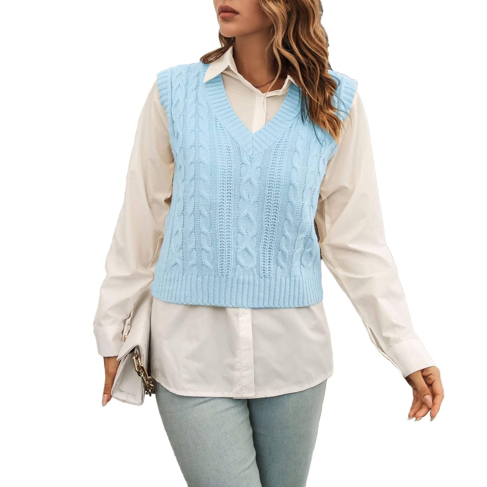 Gilet Maglione a Righe da Donna Classico Scollo a V Gilet Lavorato a Maglia a trecce Pullover Senza Maniche Canotte a Coste