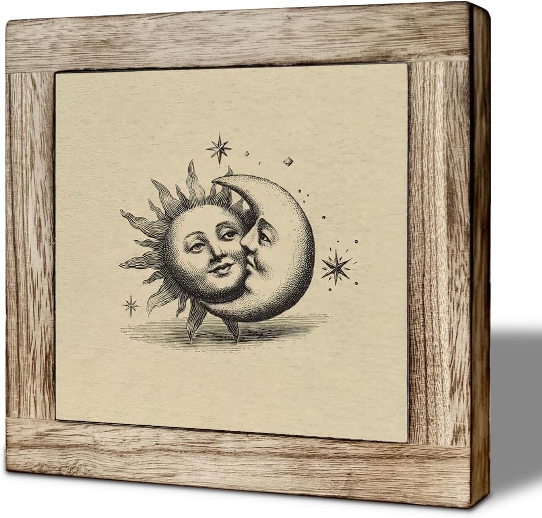 Vintage Sun and Moon Wooden Desktop Sign, Celestial Lovers Wood Plaque Tabletop Decor, Mystical Astrology Wooden Sign for Bedroom Living Room Office Shelf