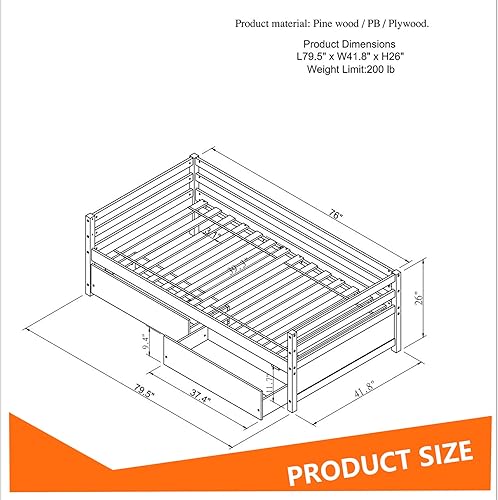 Miniatura 8 de Marco de sofá cama de madera de tamaño individual con 2 cajones de almacenamiento, sofá cama multifuncional con soporte de listones de madera para