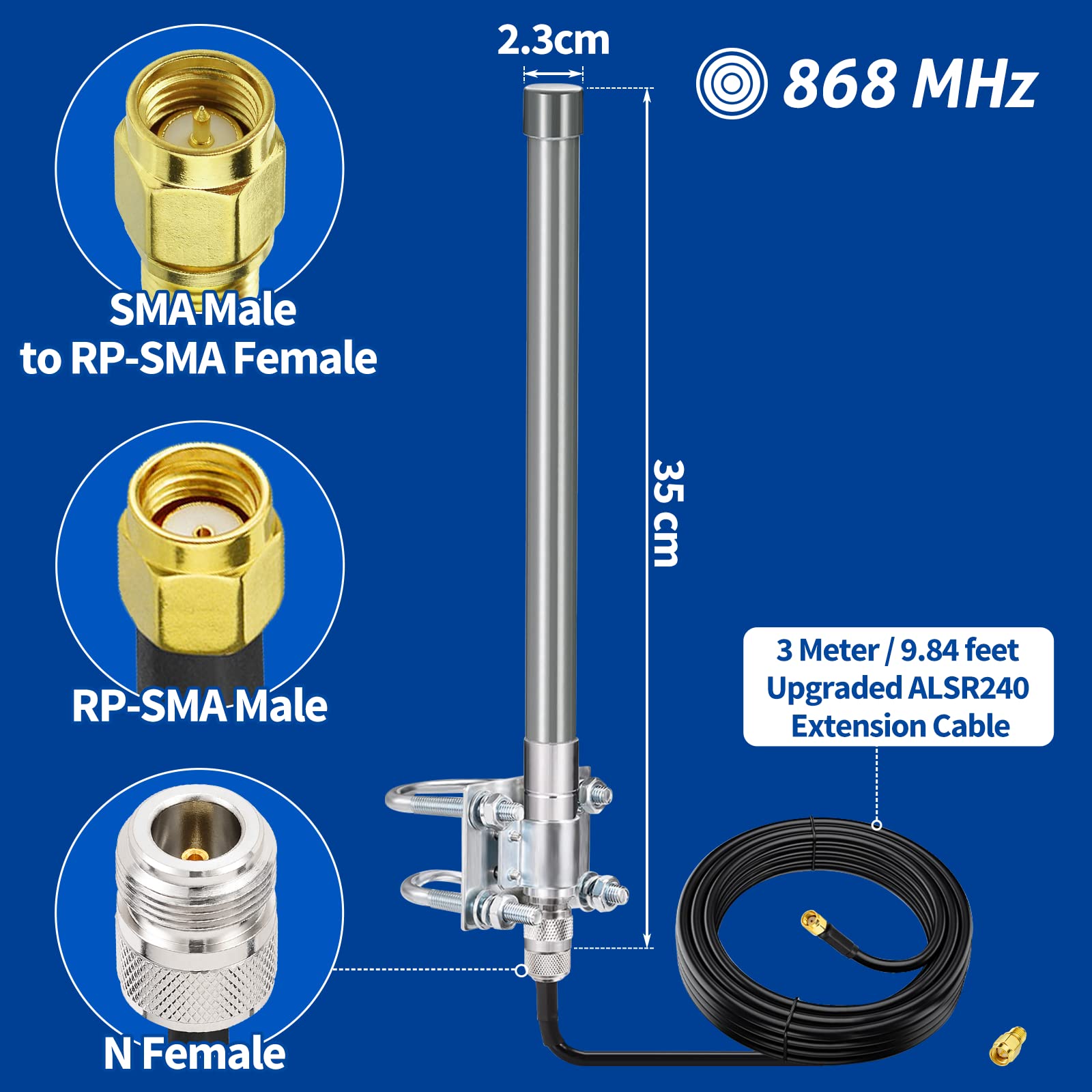 Bingfu Antenne Hélium Lora 868mhz 3dBi avec Câble ALSR240 Amélioré 3m, Antenne LoraWan Fibre de Verre N Mâle 50ohm pour RAK Nebra Bobcat HNT Helium Hotspot Miner LoraWan SyncroBit Passerelle