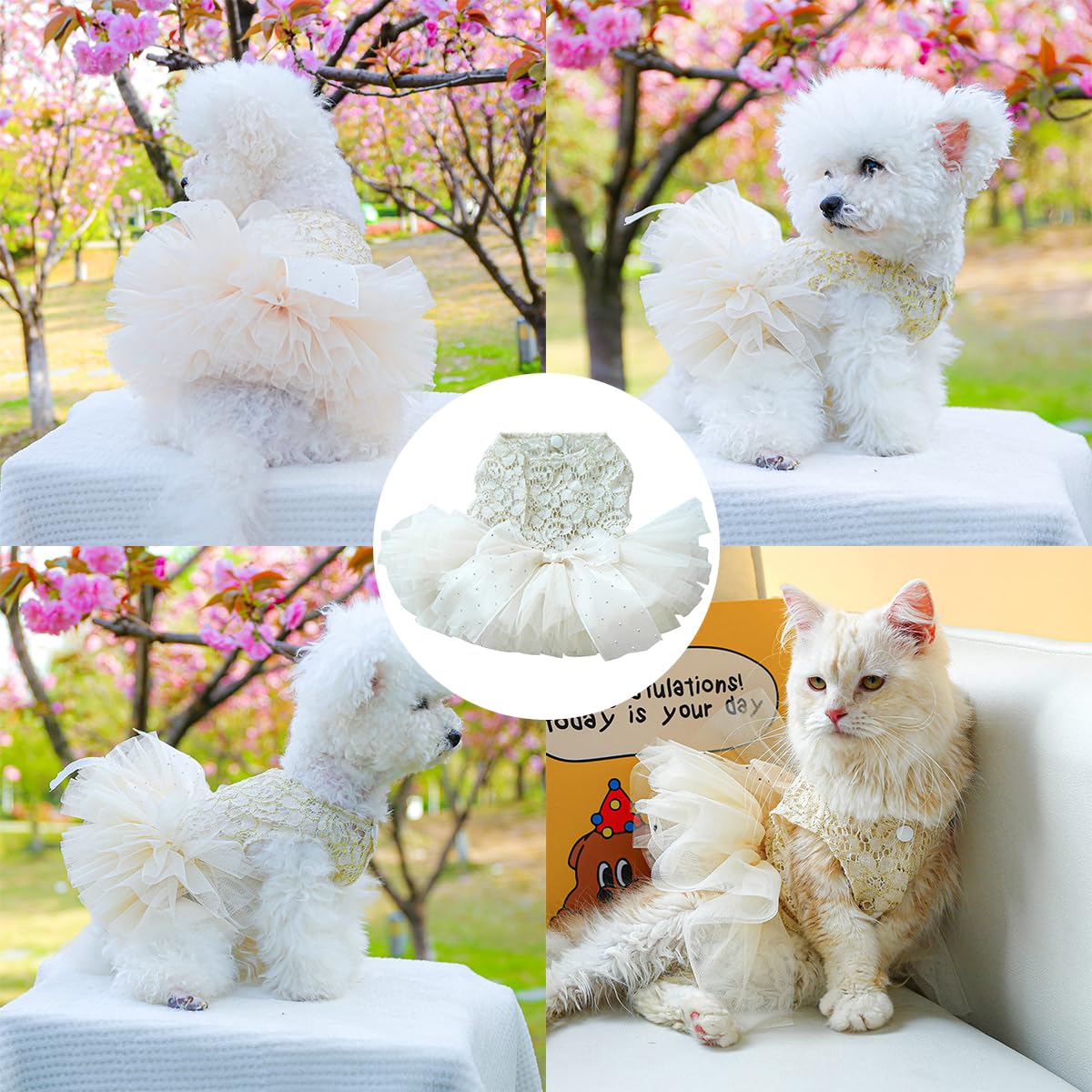 小型犬用レースドレス　緑と白の花柄 小型犬用レースドレス 緑と白の花柄 犬服 花畑の妖精