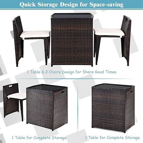 Miniatura 4 de HAPPYGRILL Juego de 3 piezas de mimbre para patio, juego de comedor de ratán para exteriores, juego de muebles de patio con cojines para patio,