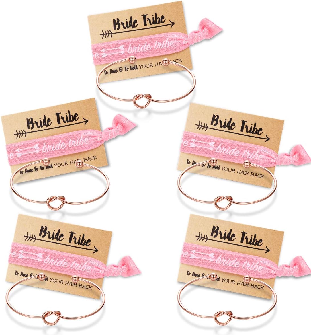 Bridesmaid bracelets-Ikooo 5 pcs Love Knot Open Bangle With Bride Tribe Hair tie for Best Friend, BFF of the Bride wedding Gift