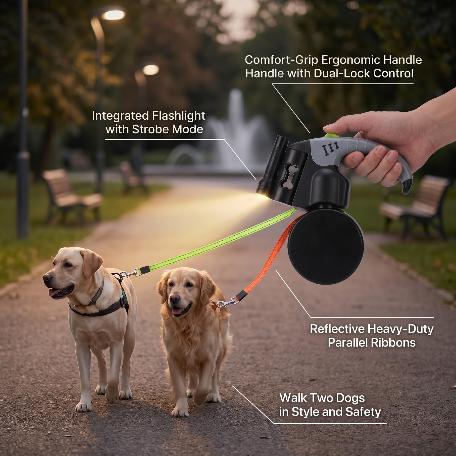 Generic Guinzaglio Doppio per Cani Antigroviglio a 360° con Luce LED e Supporto per Sacchetto dei Rifiuti Perfetto per le Passeggiate Serali per Cani Attivi (3 metri / 9,8 piedi)