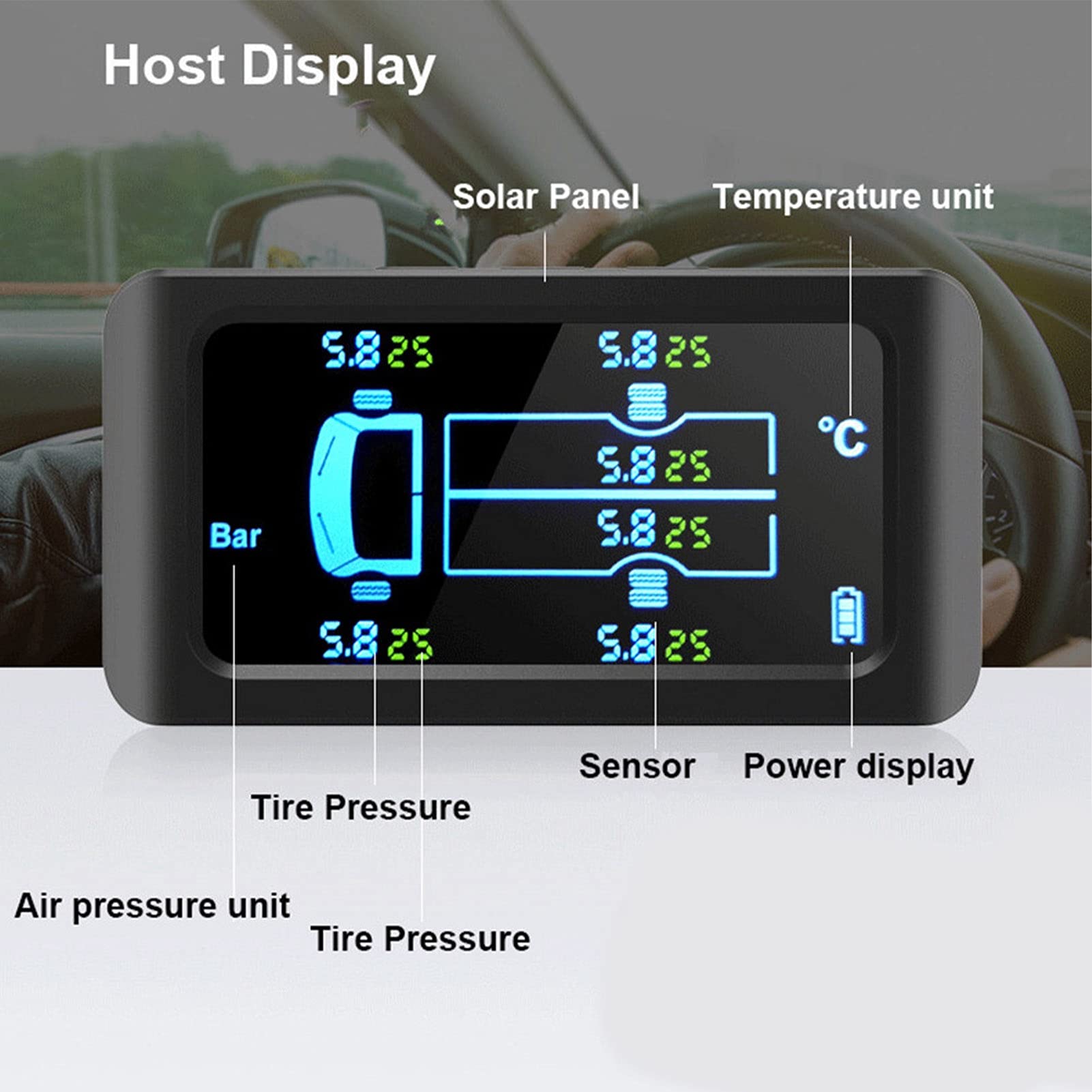 EVGATSAUTO Allarme Pressione Pneumatici, Monitor Universale della Pressione dei Pneumatici Ricarica USB Solare 0-8,5 Bar 122PSI Truck TPMS con 6 Sensori Esterni