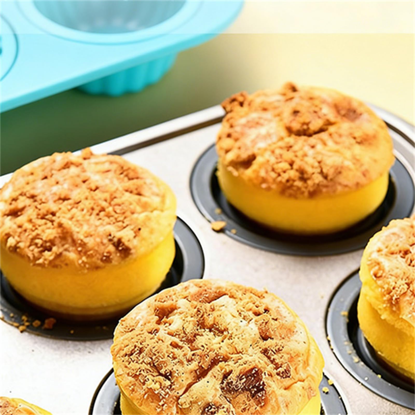 Stampo in silicone per muffin, con meccanismo a pressione e rilascio, riutilizzabile, antiaderente, per casa, cucina e feste (giallo + rosso)