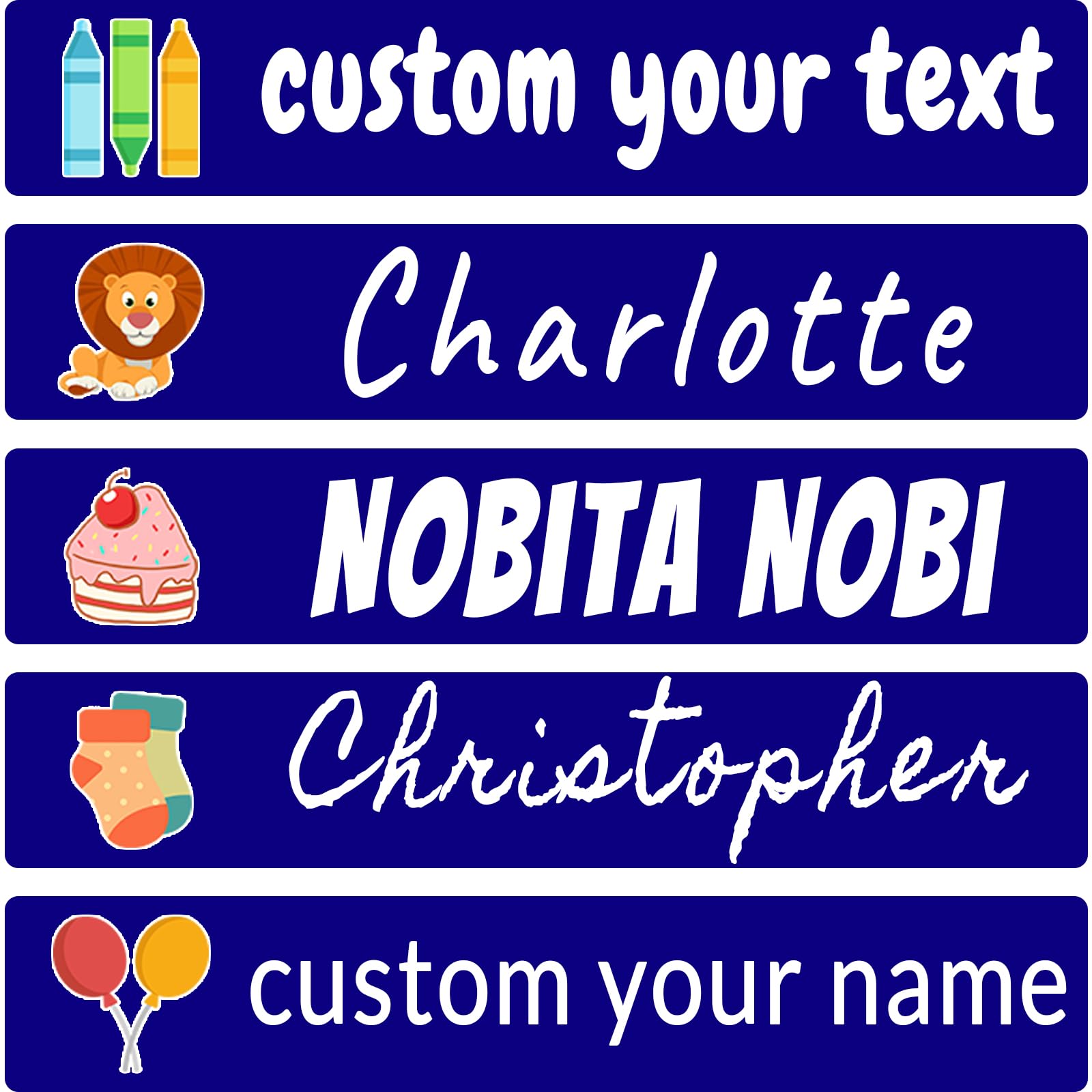(Made in USA) 50 Personalized Name Stickers with Multiple Icon Options,2.3x0.4In for School Supplies,Stationery,Toys,Books,Anything Smooth Surfaces