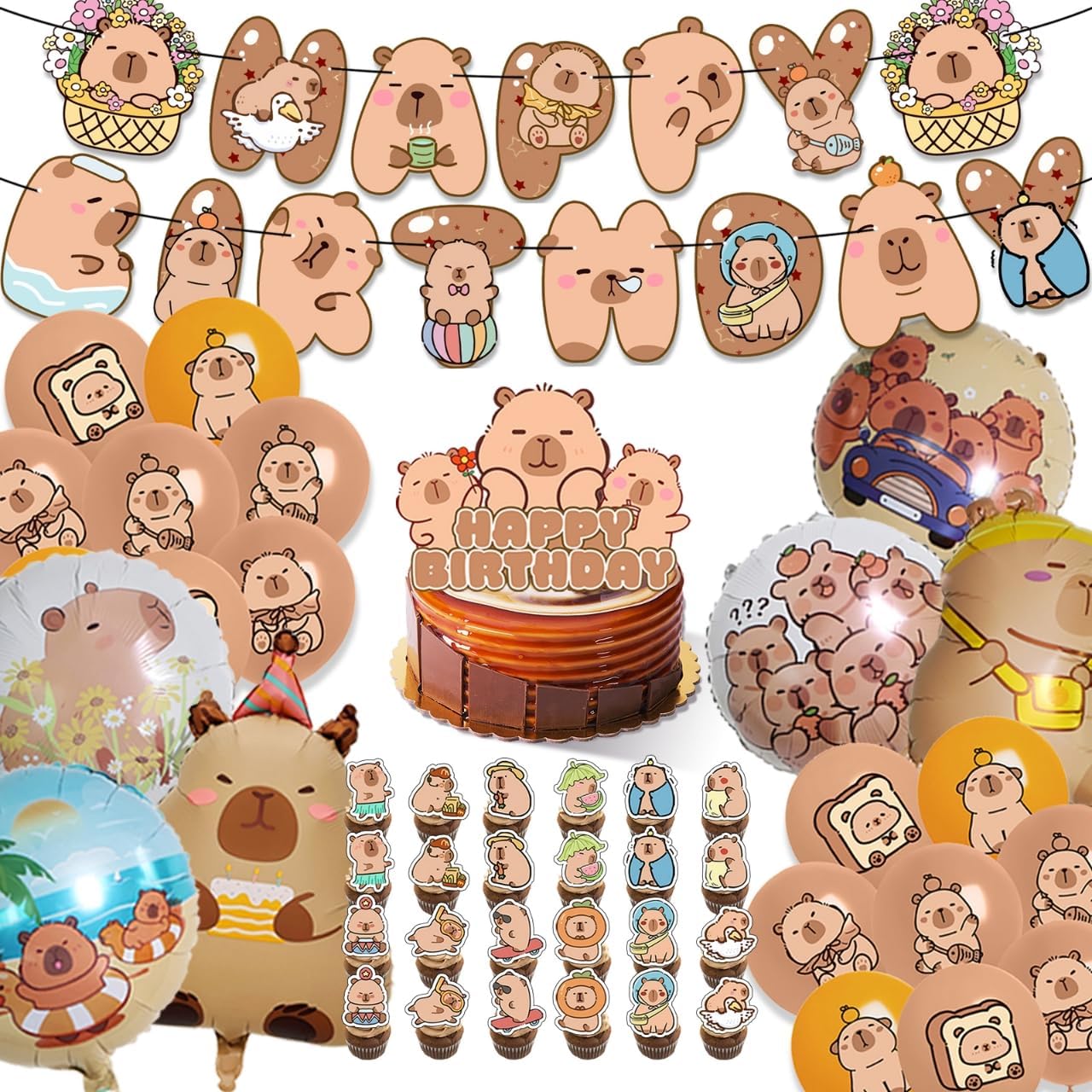 50Pcs Capybara Birthday Party Decor Set, Capybara Cake Topper Included 6 Foil Balloons, Happy Birthday Banner, 18 Latex for Capybara Lover Bday Decor Supplies