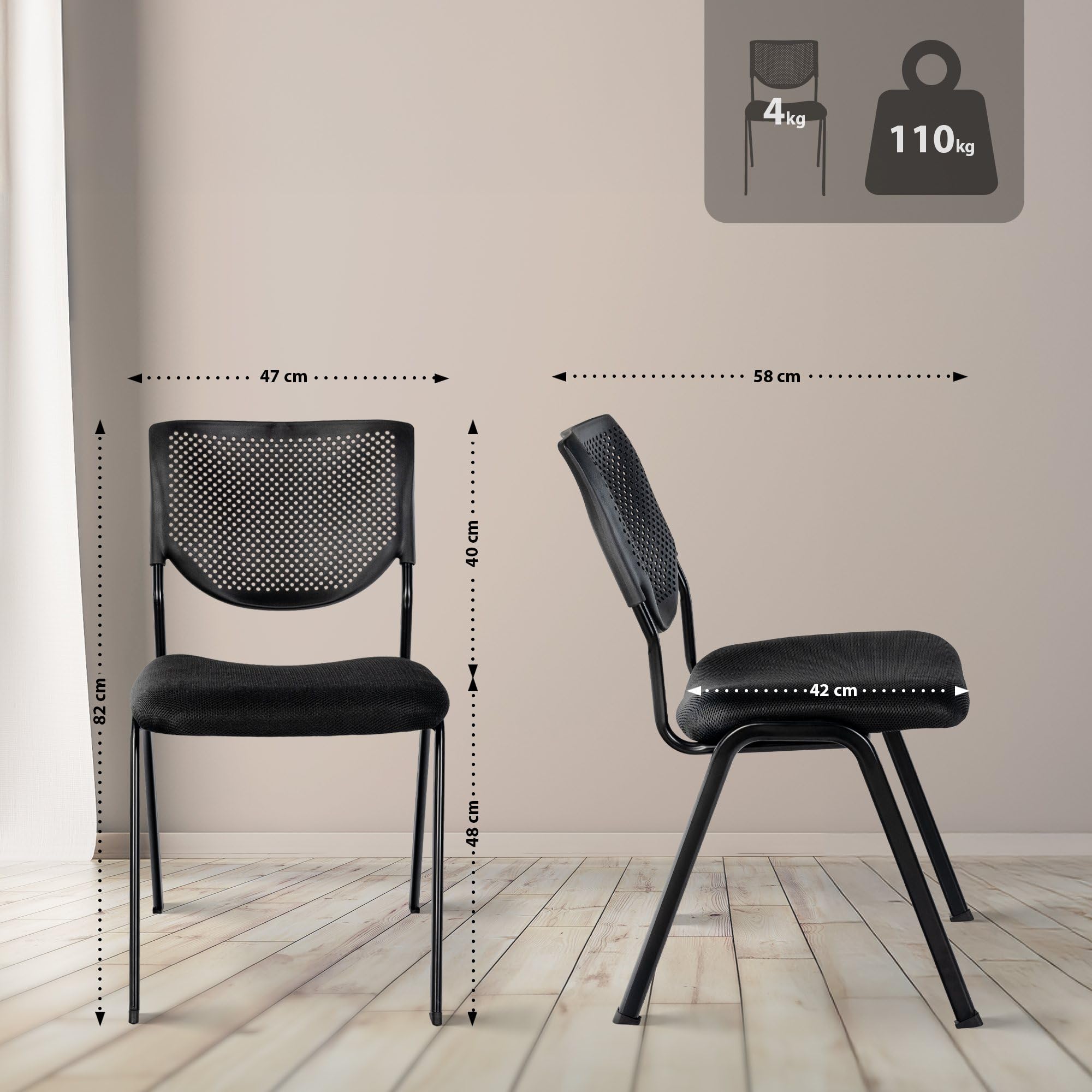 CLP Silla apilable Kaber I Silla tapizada con Funda de Tela y Respaldo I Silla de Conferencia apilable I Silla con Robusta Estructura metálica, Color:Negro/Negro