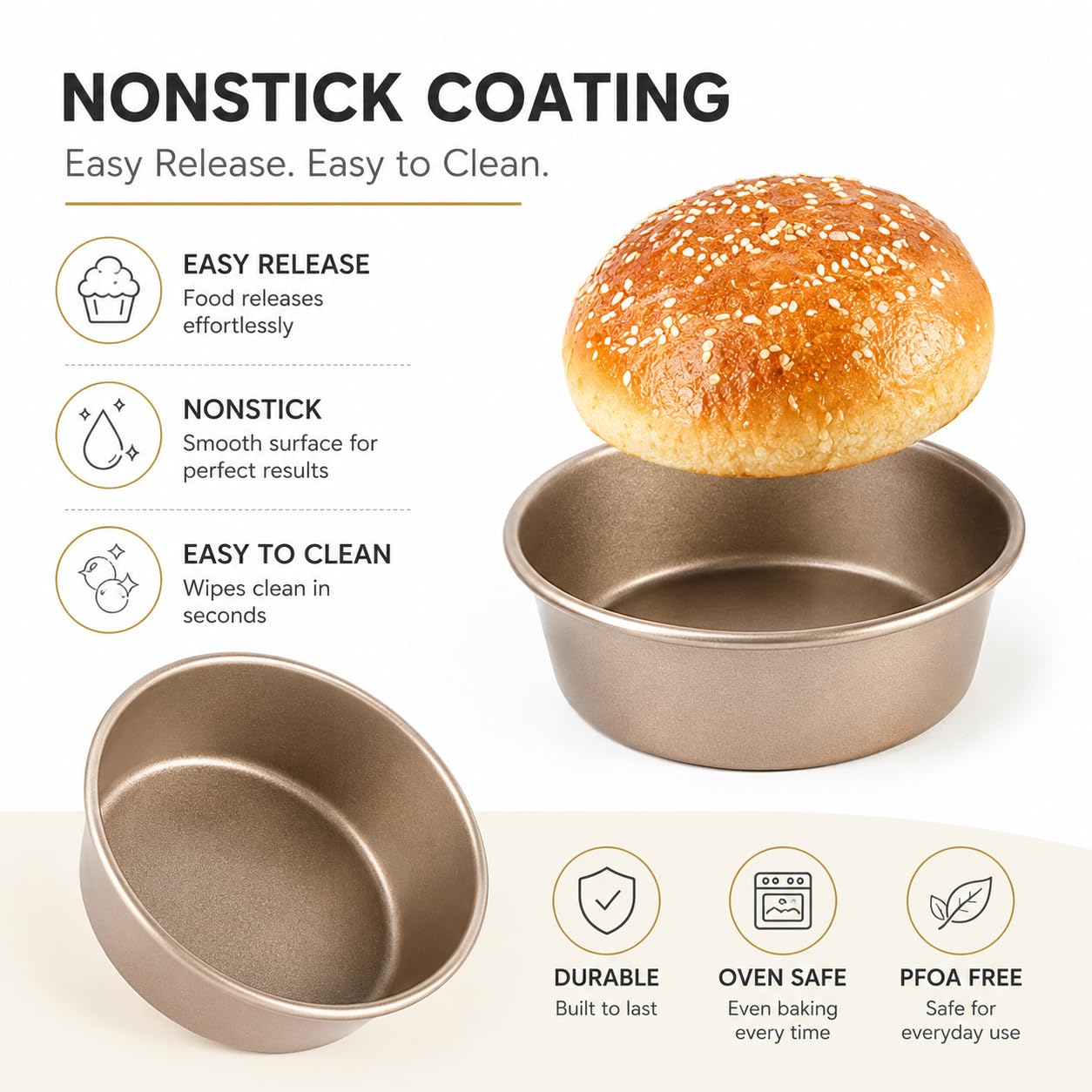 CANDeal Moldes Para Hornear Redondos Antiadherentes De 4 Pulgadas, Molde Para Pan De Hamburguesa De Acero Al Carbono Dorado, Moldes Para Pasteles Pequeños Aptos (6)