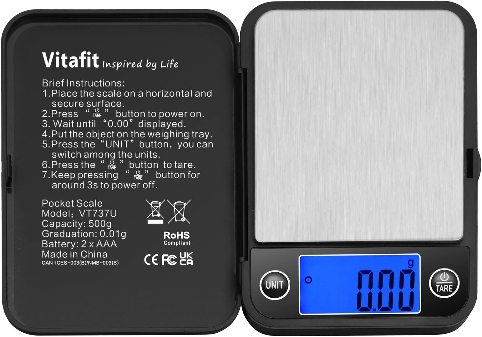 Vitafit 500g Digital Pocket Scale,High Accuracy Assured by Scale Professional Factory Since 2001, Gram Scale 0.01g for Multifunction: Lab,Food, Kitchen,Coffee,Jewelry; Black