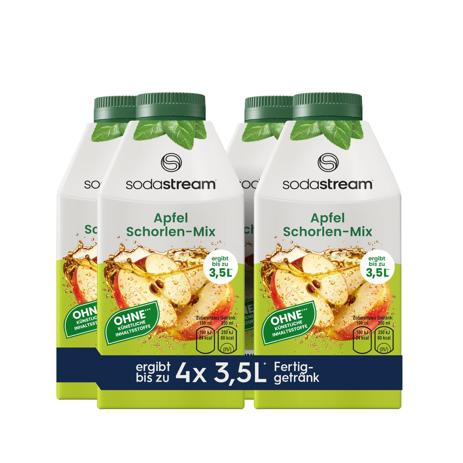 SodaStream Apfel Schorlen-Mix Sirup 4er-Pack | 500 ml je Flasche – ergibt bis zu 3,5 L erfrischende Apfelschorle | ohne Zuckerzusatz & künstliche Inhaltsstoffe | 50% aus Apfelsaftkonzentrat
