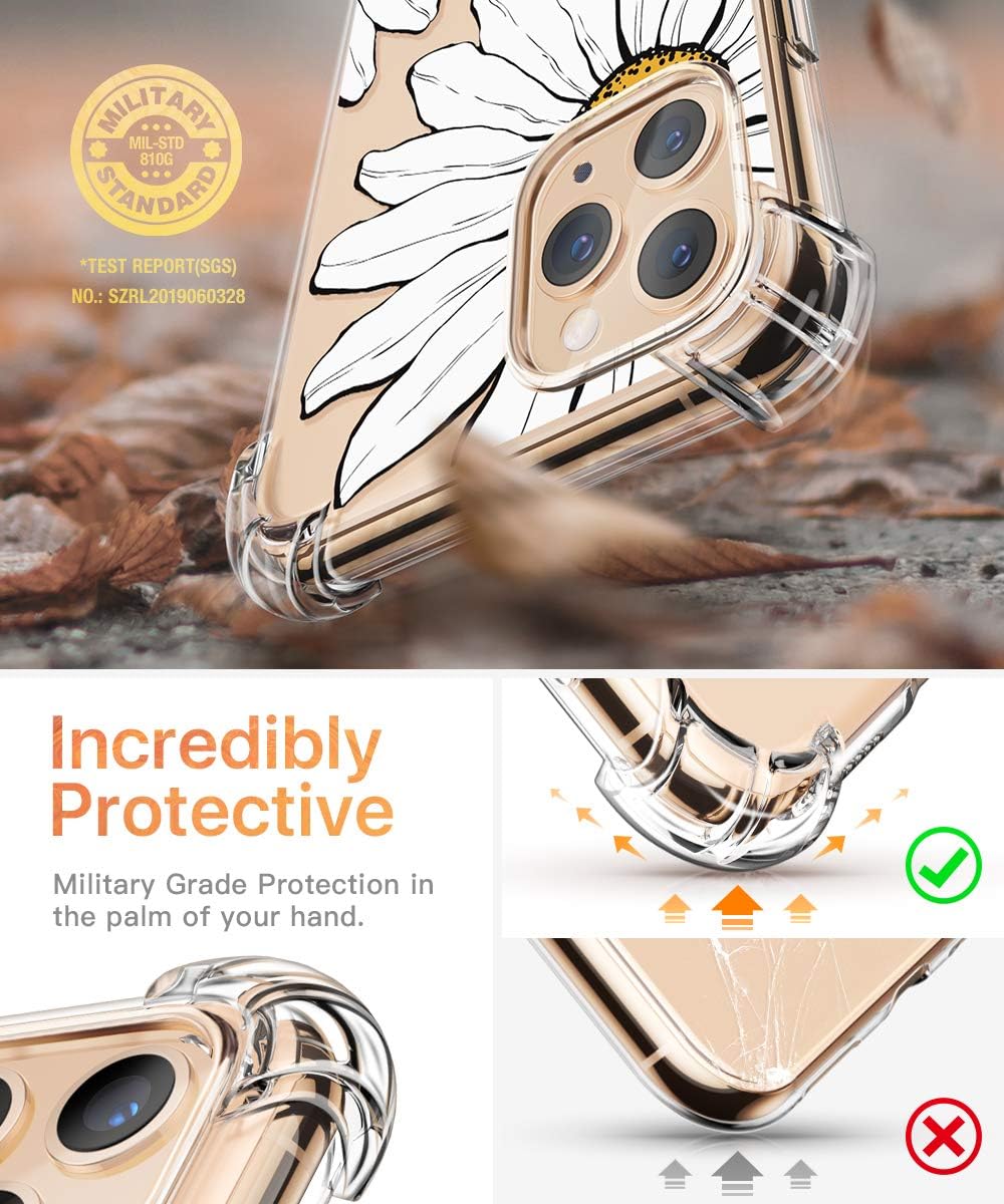 GVIEWIN Compatible with iPhone 11 Pro Case, Clear Flower Design Soft & Flexible TPU Ultra-Thin Shockproof Transparent Bumper Protective Cover, Case for iPhone 11 Pro 5.8 Inch 2019 (Sunflowers/White)