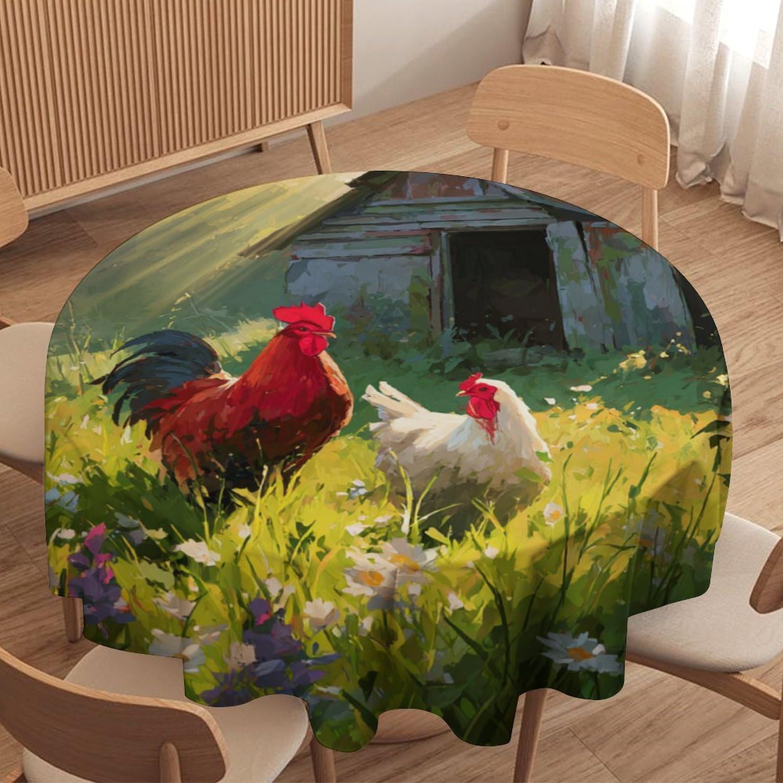 LUYYSKY Classic Rustic Chicken Rooster Round Tablecloth Beautiful Retro Farmhouse Log Cabin Farm Animal Chicken Washable Decor for Table Cover for Kitchen-127 Wx127 L cm