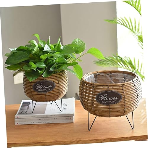 Miniatura 2 de BESTOYARD 2 piezas de ratán maceta de plantas contenedores de decoración de metal soporte de ratán maceta planta de ratán maceta