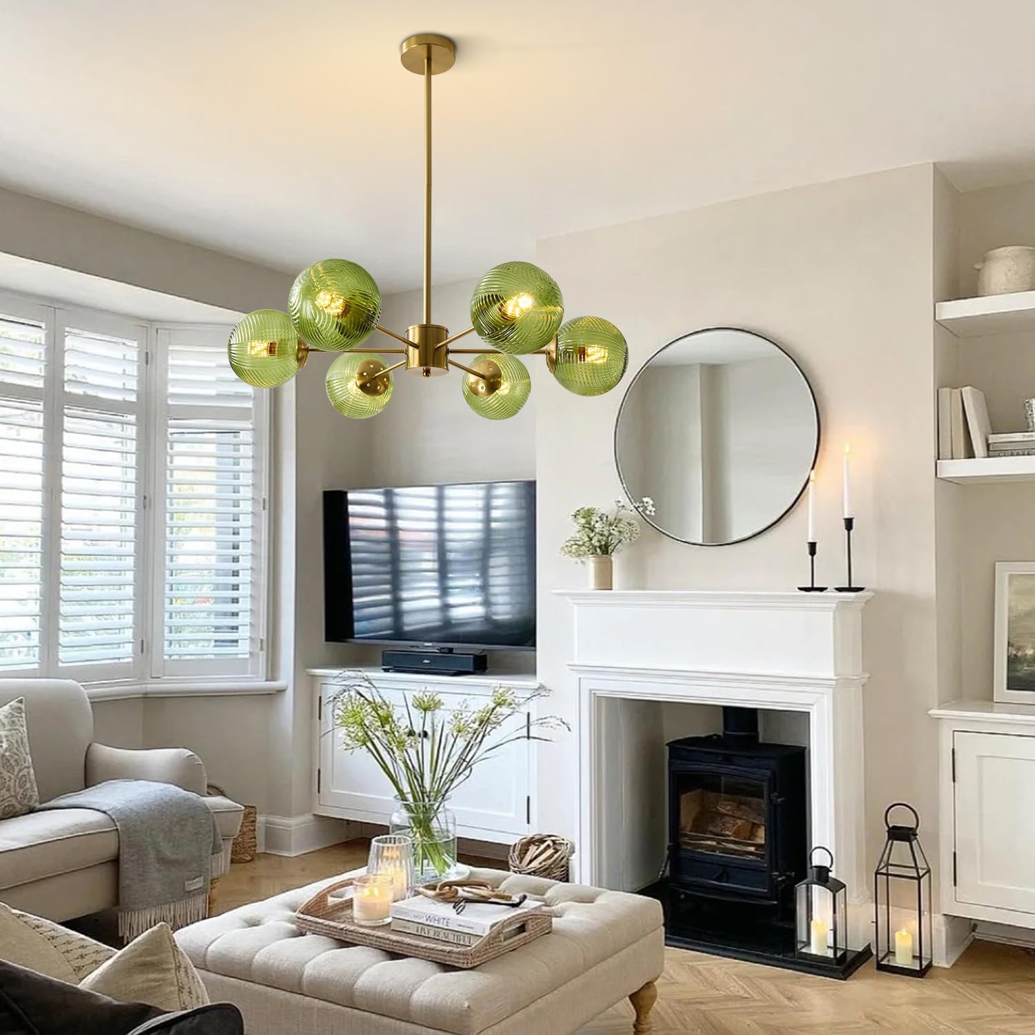 BOKT Green Glass Ball Pendant Light Mid Century Modern Gold 6-Lights Globe Sputnik Chandelier Light Fixture Brushed Brass Chandelier Pendant Light for Kitchen Island Dining Room