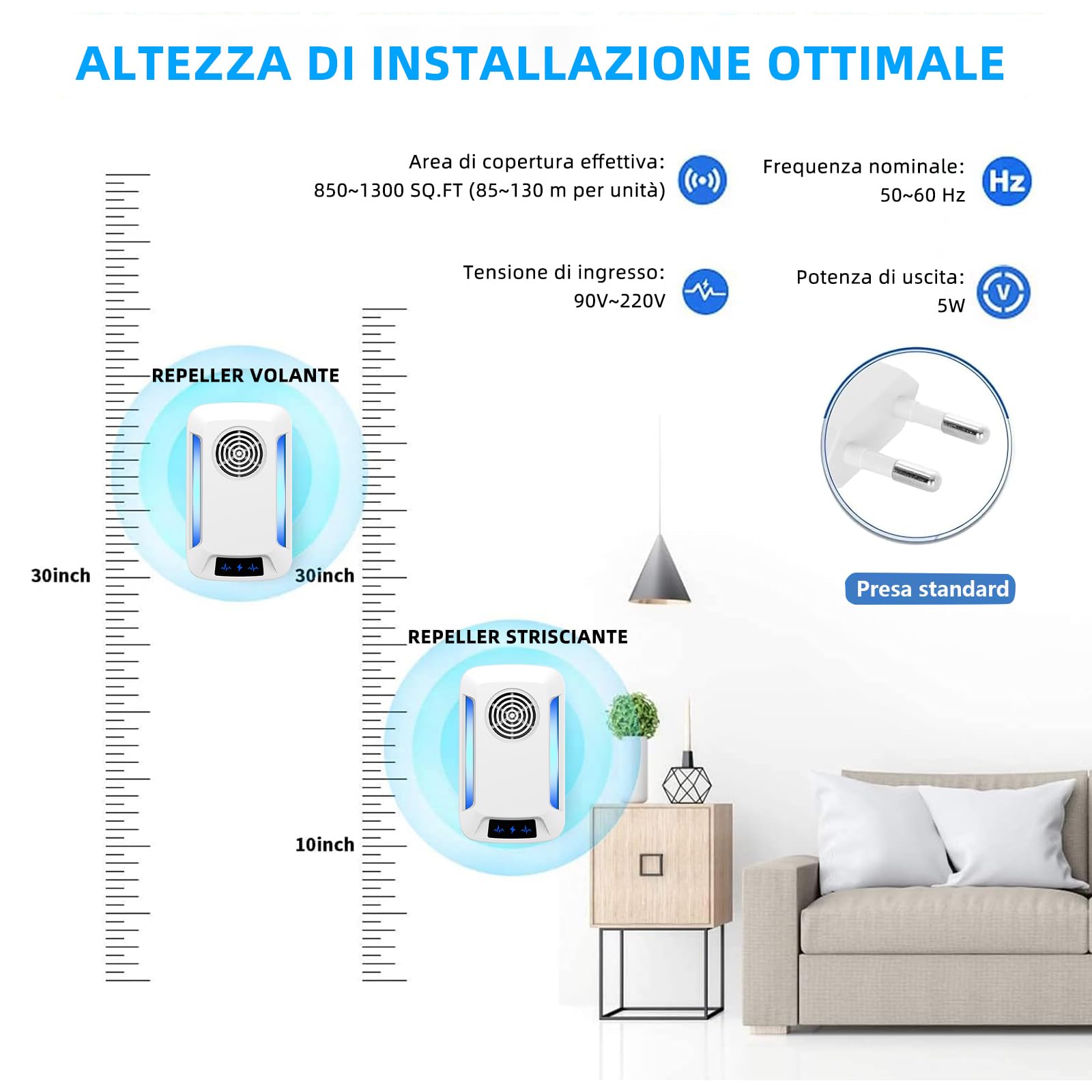 Ultrasuoni per Topi 6 Pack，Repellente Ultrasuoni Anti Zanzare, Elettrico Ultrasuoni Antizanzare, Repellente Ultrasuoni per Anti Topi, Zanzare, Scarafaggi, Formiche, Ragni, Roditori(Bianco)
