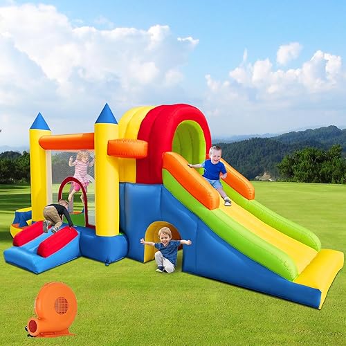 Castillo inflable de rebote 8 en 1 con soplador para niños y niños pequeños, gorilas inflables para exteriores e interiores con dos toboganes