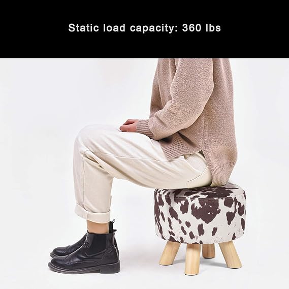 Small Round Ottoman Foot Stool, 10.4 H Footrest for Under Desk & Mini Spaces, Upholstered Linen Fabric Accent Stool for Living Room & Bedroom, Brown Cow