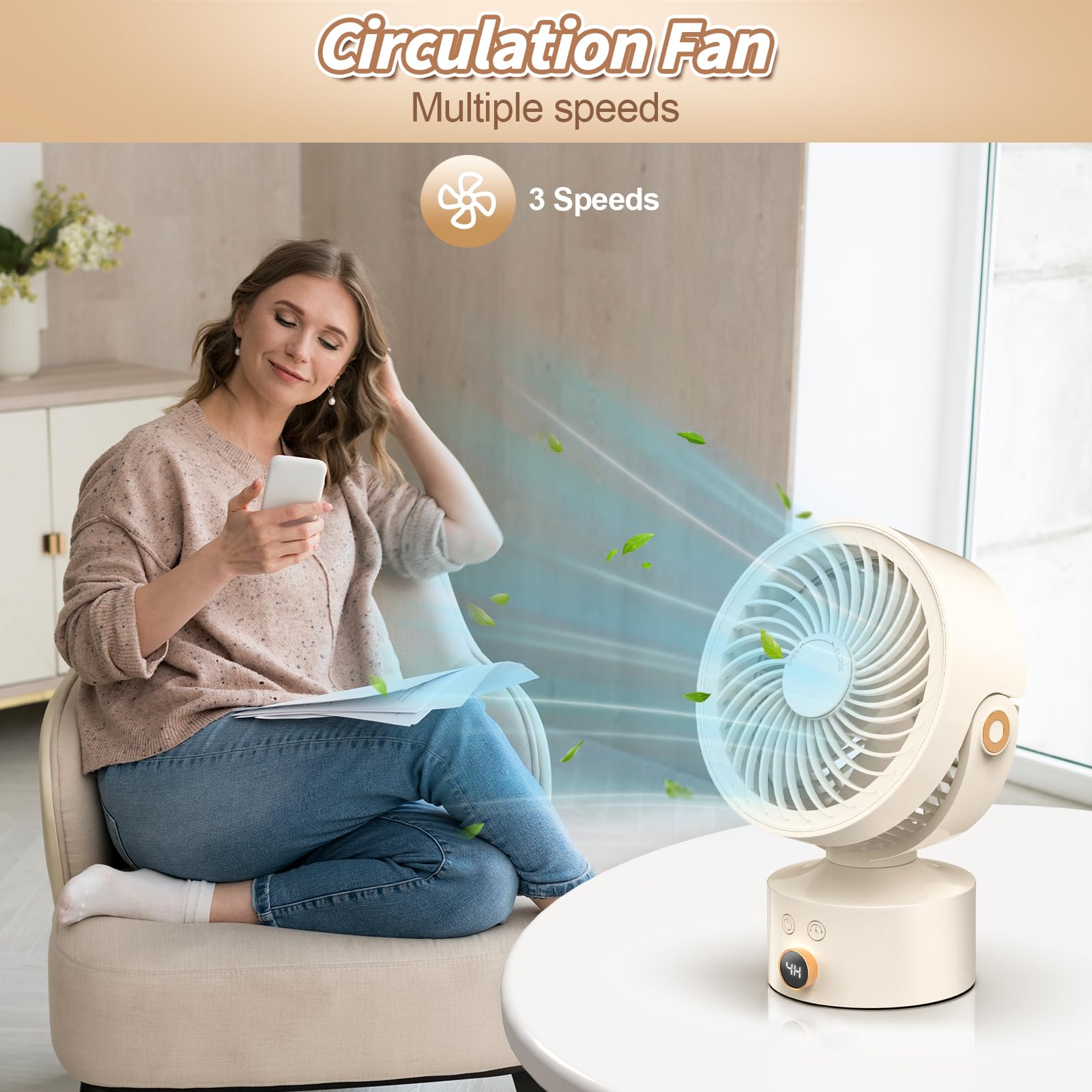 Ventiladores de escritorio para dormitorio, ventilador circulador de aire oscilante de 9 pulgadas, ventilador de mesa de 3 velocidades, inclinación ajustable de 120°, temporizador de 4H 3