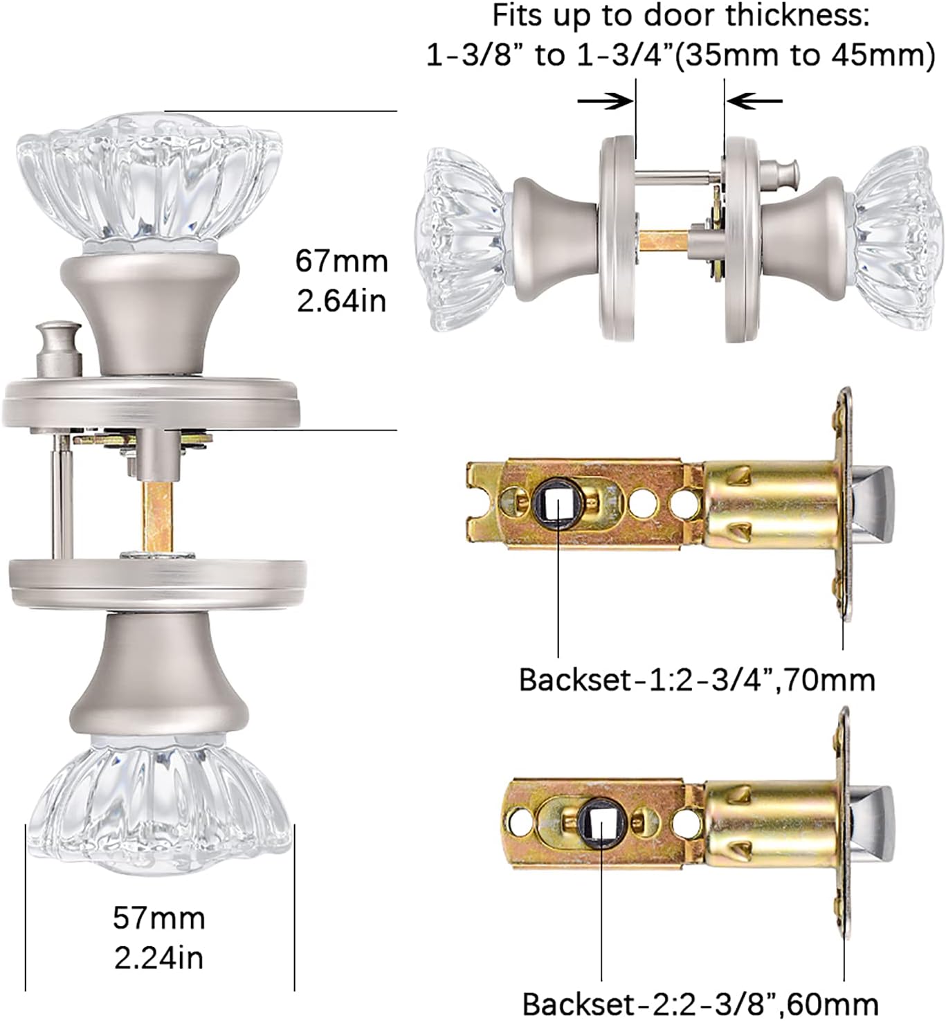 Privacy Glass Door Knobs Interior,Clear Crystal Door Knobs with Lock for Bedroom/Bathroom（Satin Nickel, 1 Pack