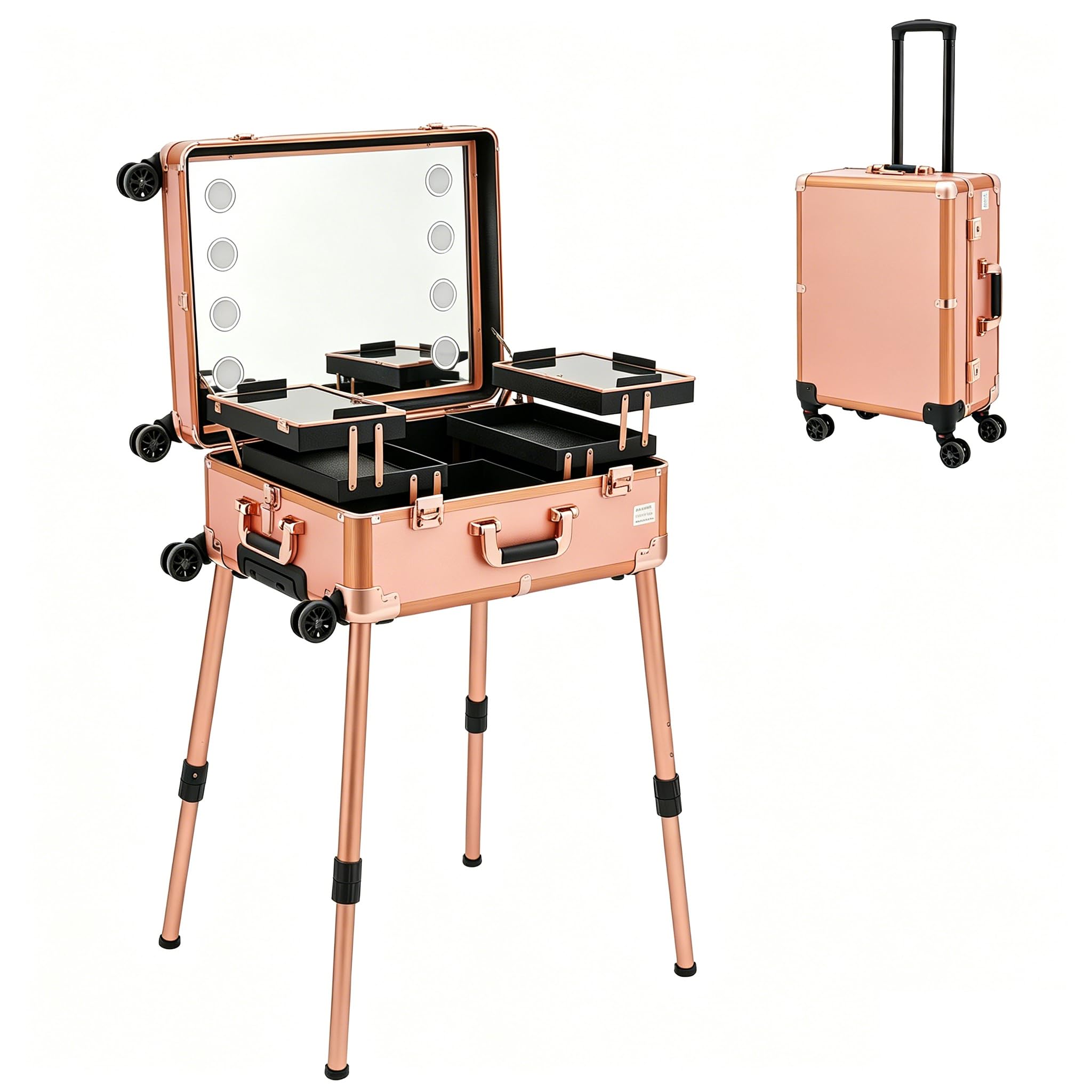 Kosmetikkoffer Trolley, Portable Reise Make Up Tasche, Schminkkoffer Kosmetik Make up Organizer Koffer 3 in 1, Verstellbare Beine, Rollen 360° drehbar